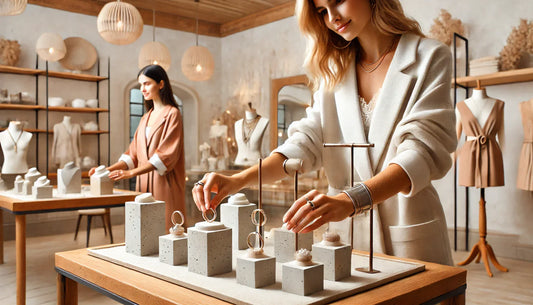 Une commerçante qui prepare un stand de bijoux avec des présentoirs en béton