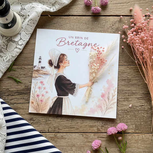 Carte Brin de Bretagne avec fleurs séchées, carte de vœux artisanale double avec enveloppe.